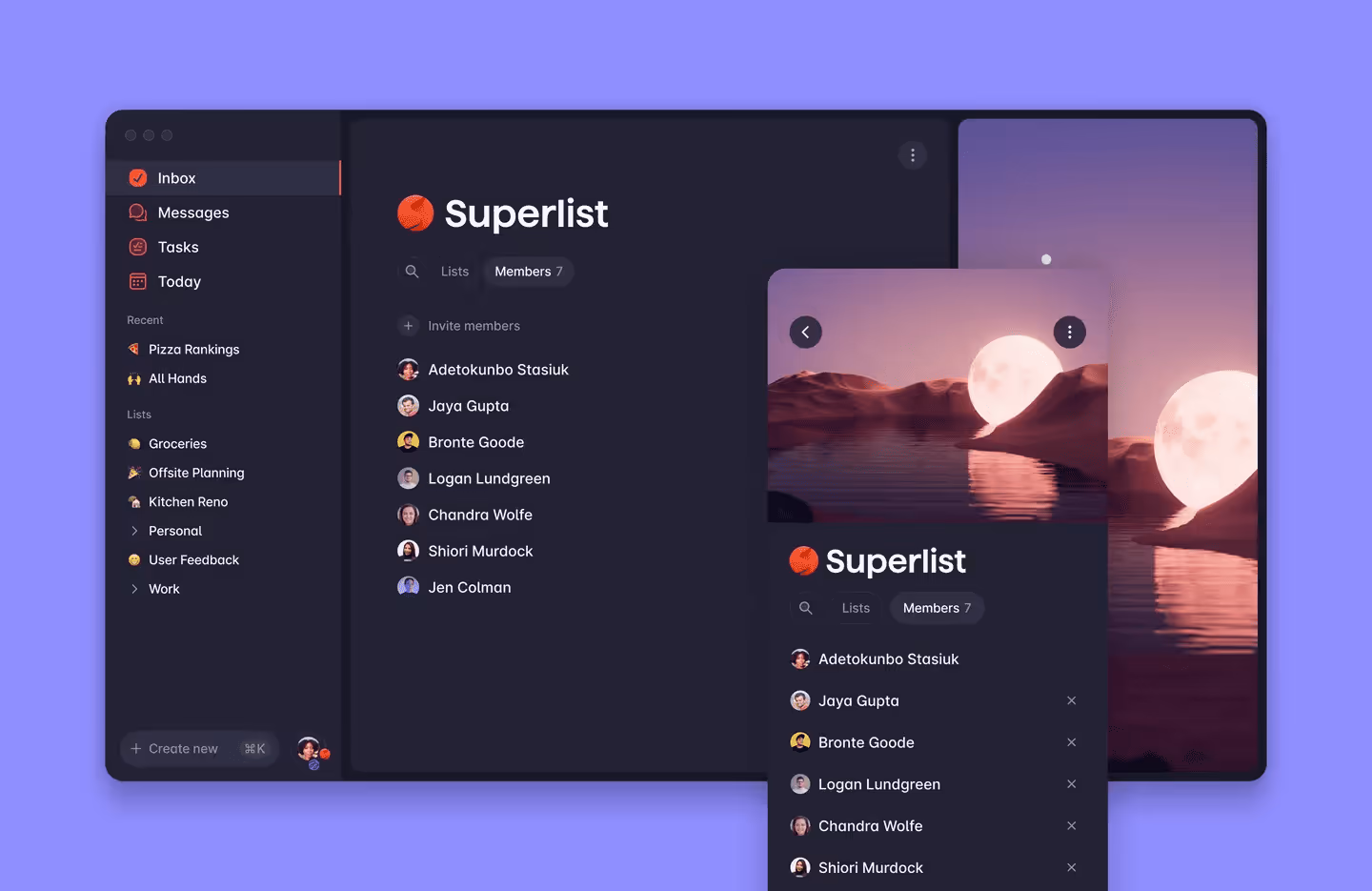 Interfejs Superlist z listami zadań i podglądem projektu.