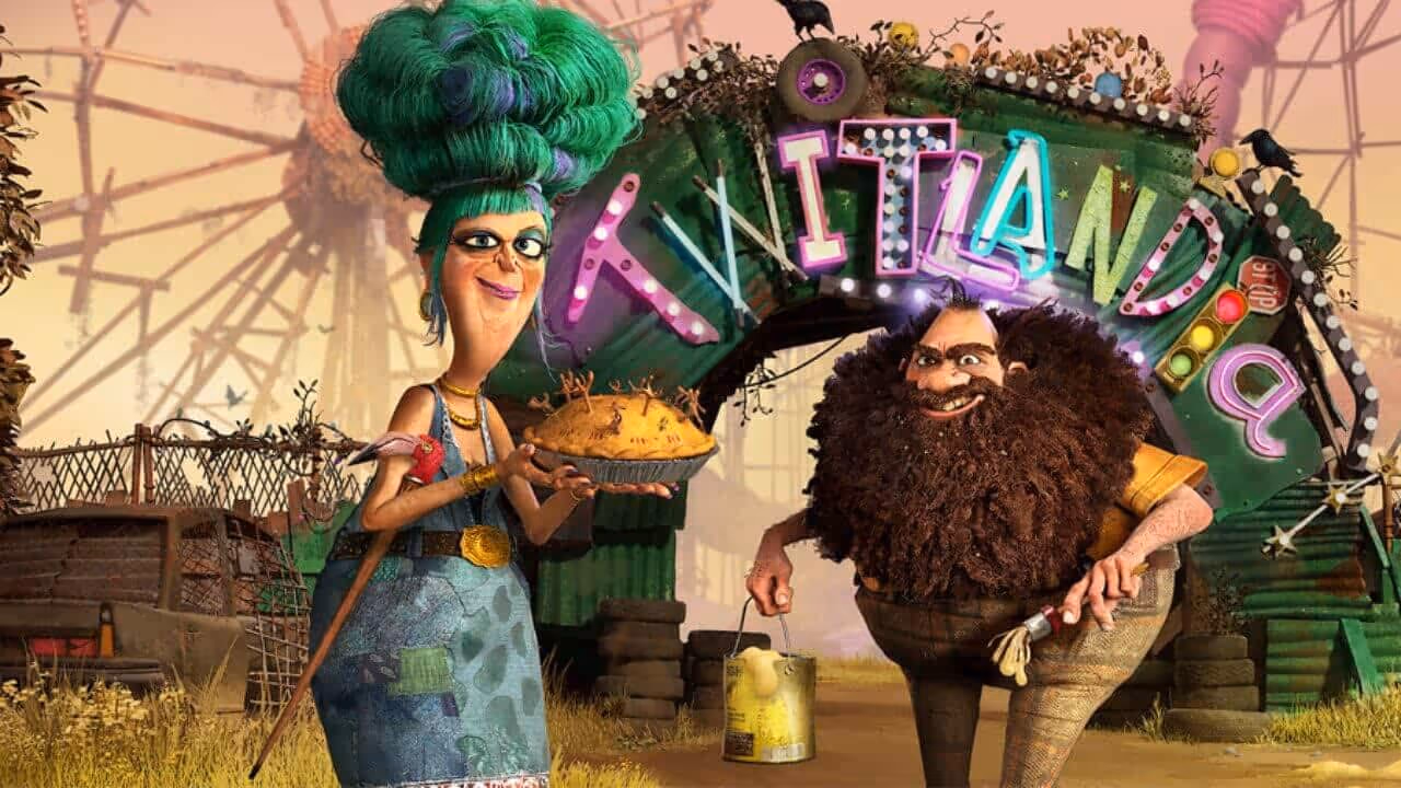 Animowane postacie przed wejściem do lokalu z napisem „Titan”.