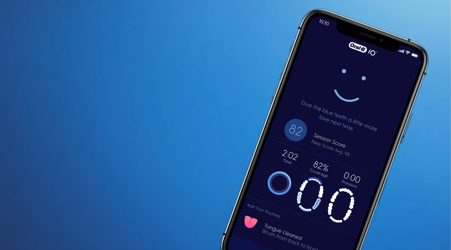 Aplikacja Oral-B na telefonie z licznikiem czasu szczotkowania.