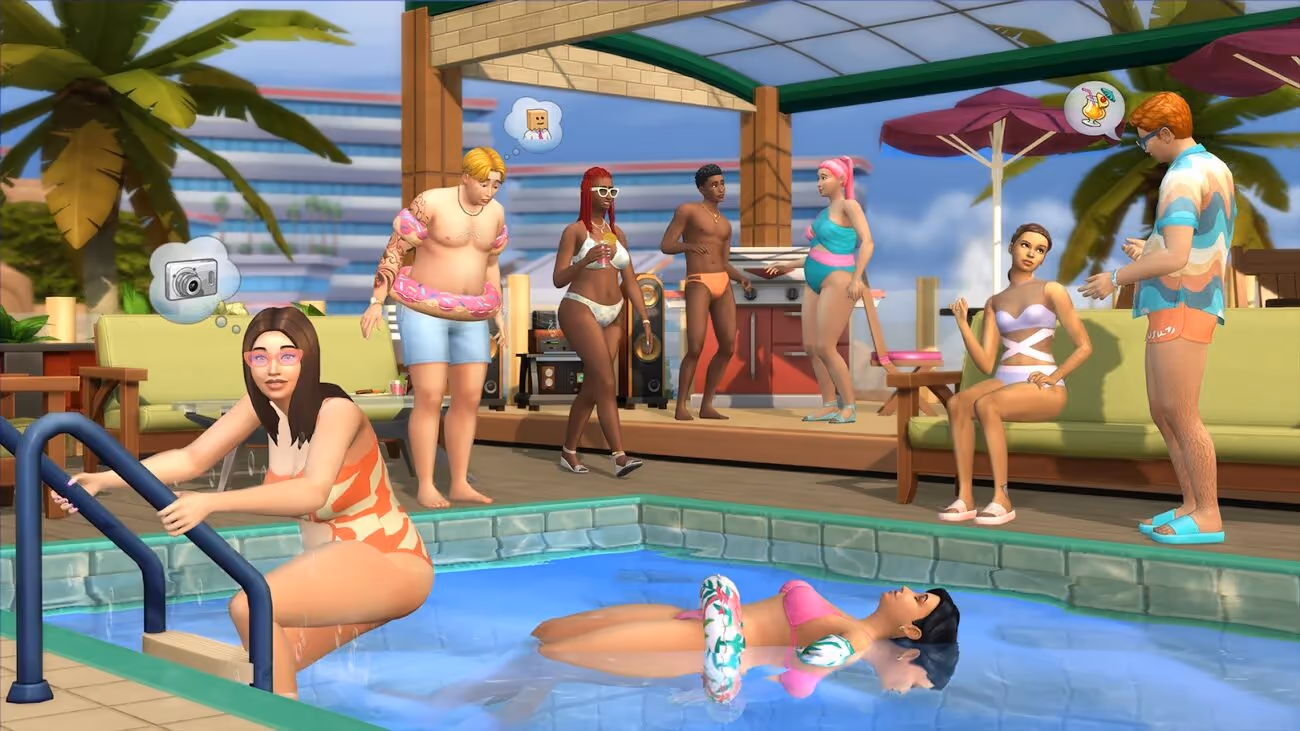 Postacie z serii The Sims odpoczywające przy basenie.