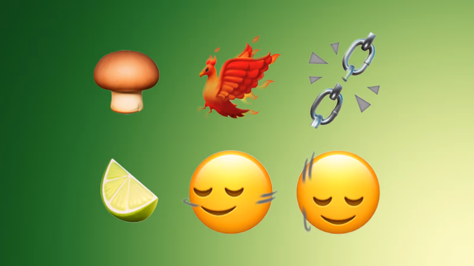 Nowe emoji: grzyb, feniks, limonka, zerwany łańcuch i potrząsające głową twarze.