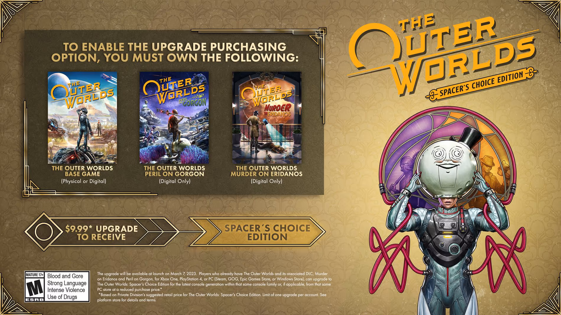 Grafika The Outer Worlds: Spacer’s Choice Edition z okładkami i informacją o ulepszeniu gry.