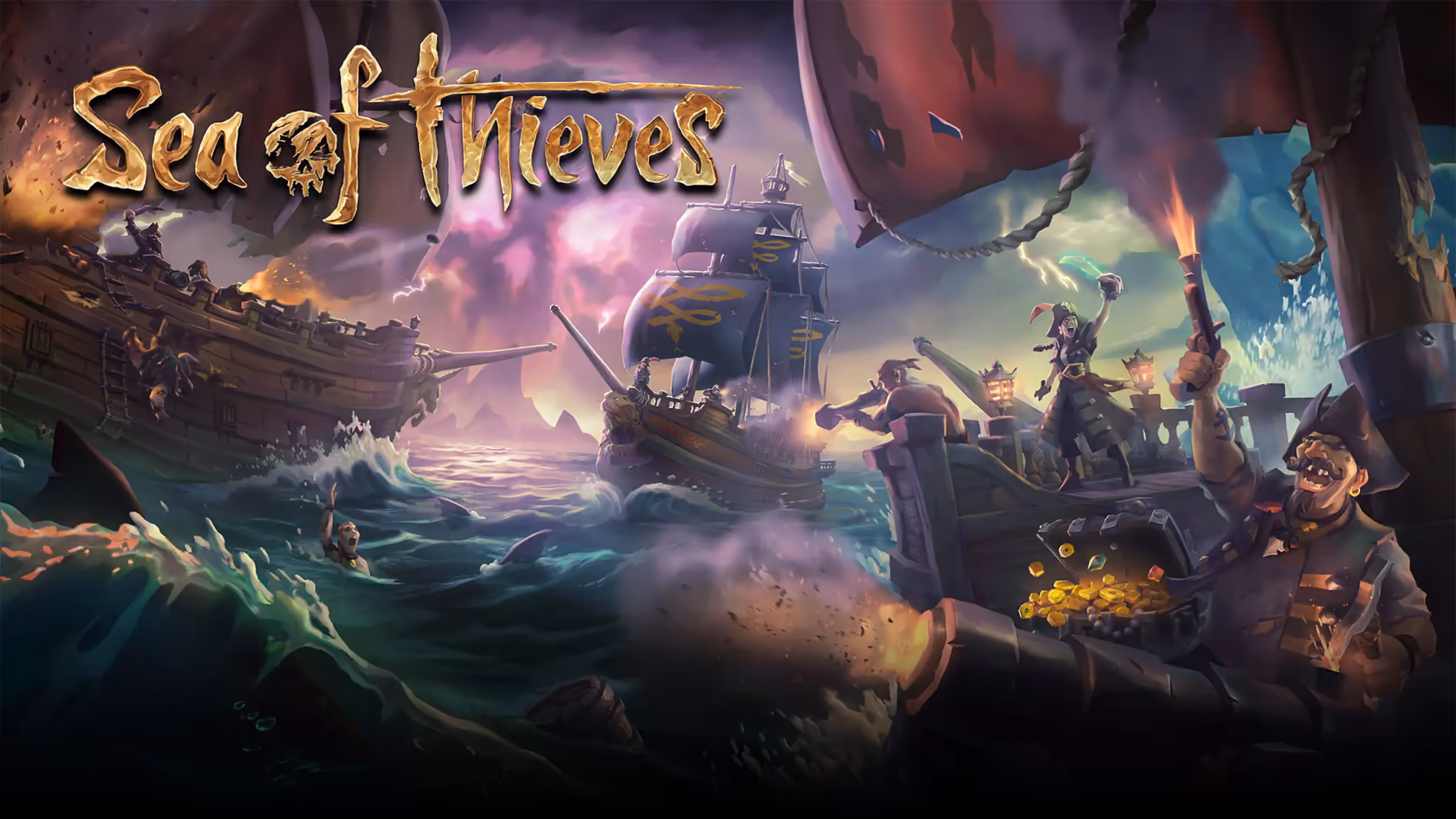 Grafika gry Sea of Thieves z pirackim statkiem i postaciami.