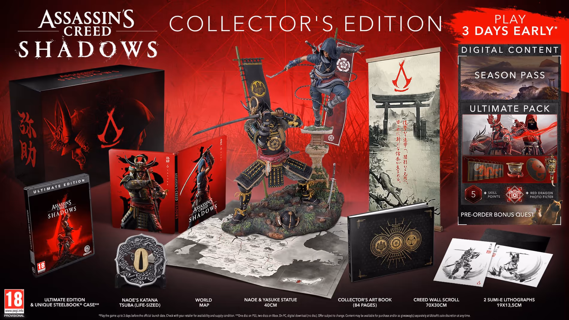 Zawartość edycji kolekcjonerskiej Assassin’s Creed Shadows, w tym figurka i dodatki.