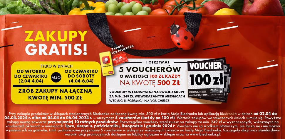 Archiwalna ulotka Biedronki opisująca promocję na vouchery zakupowe.